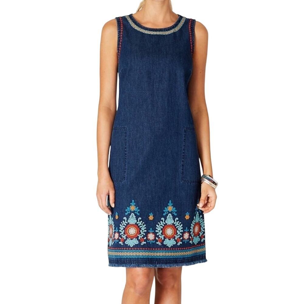 J. Jill Sleeveless Embroidered Denim Fringe Hem Dress Size XS